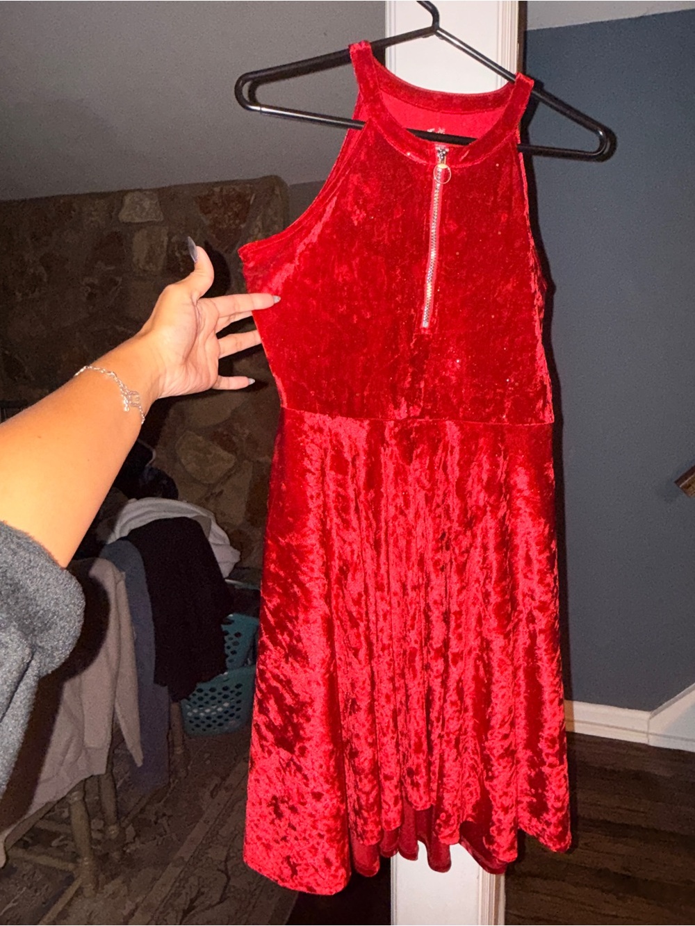 Justice Girls XL 16/18 Red Crushed Velvet Halter Skater Party Dress